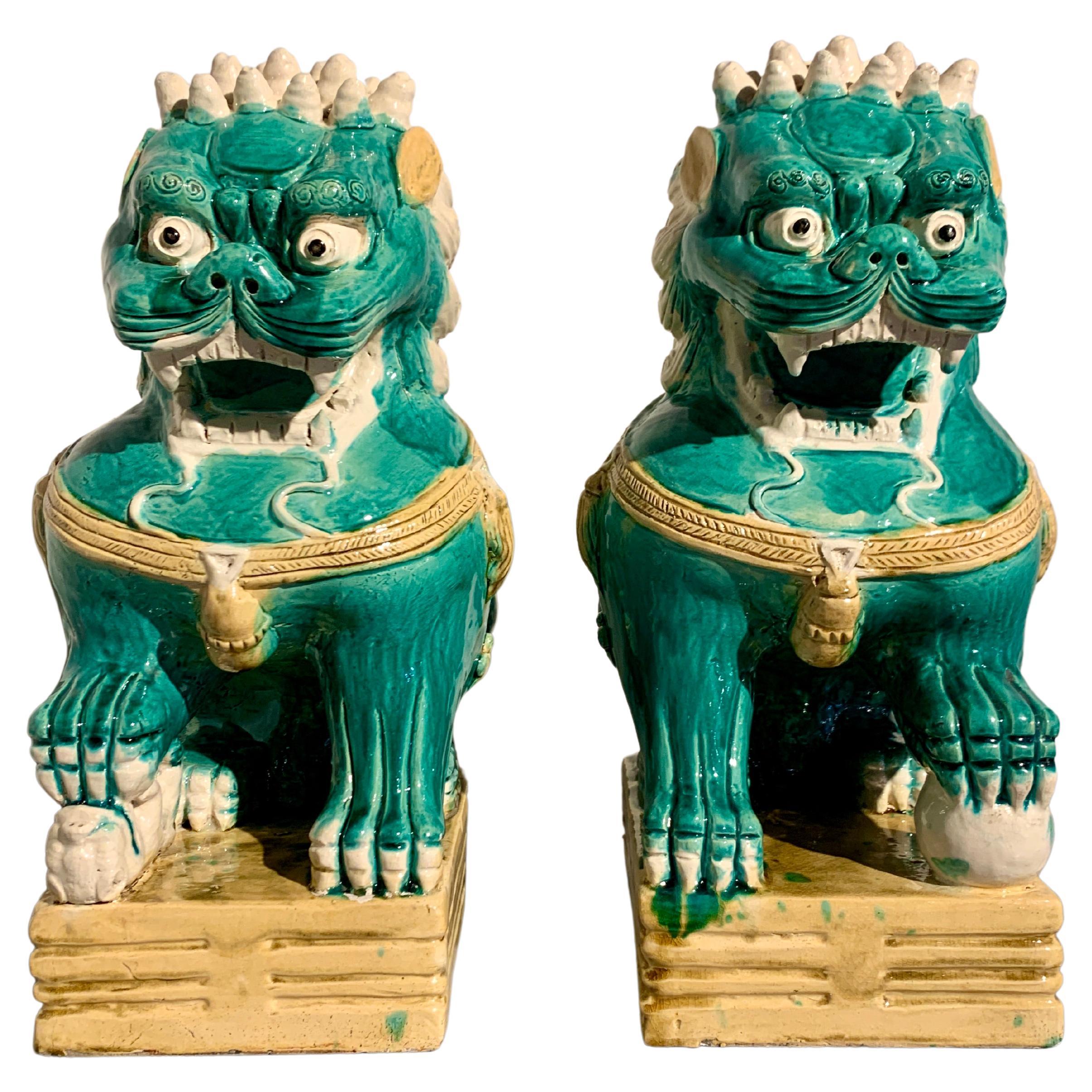 Pair Vintage Foo Lions, Green and Yellow Glazed Ceramic , 1960
s, Hong Kong