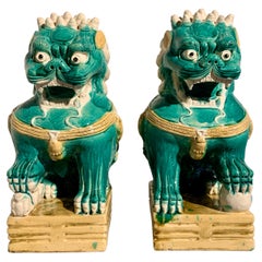 Pair Vintage Foo Lions, Green and Yellow Glazed Ceramic , 1960's, Hong Kong
