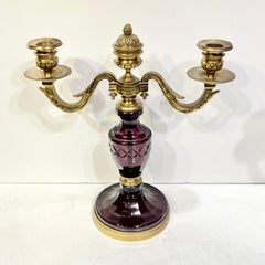 Pair Vintage French Amethyst Glass and Bronze Two-Light Candelabra / Lamps