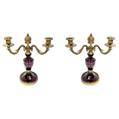 Pair Vintage French Amethyst Glass and Bronze Two-Light Candelabra / Lamps