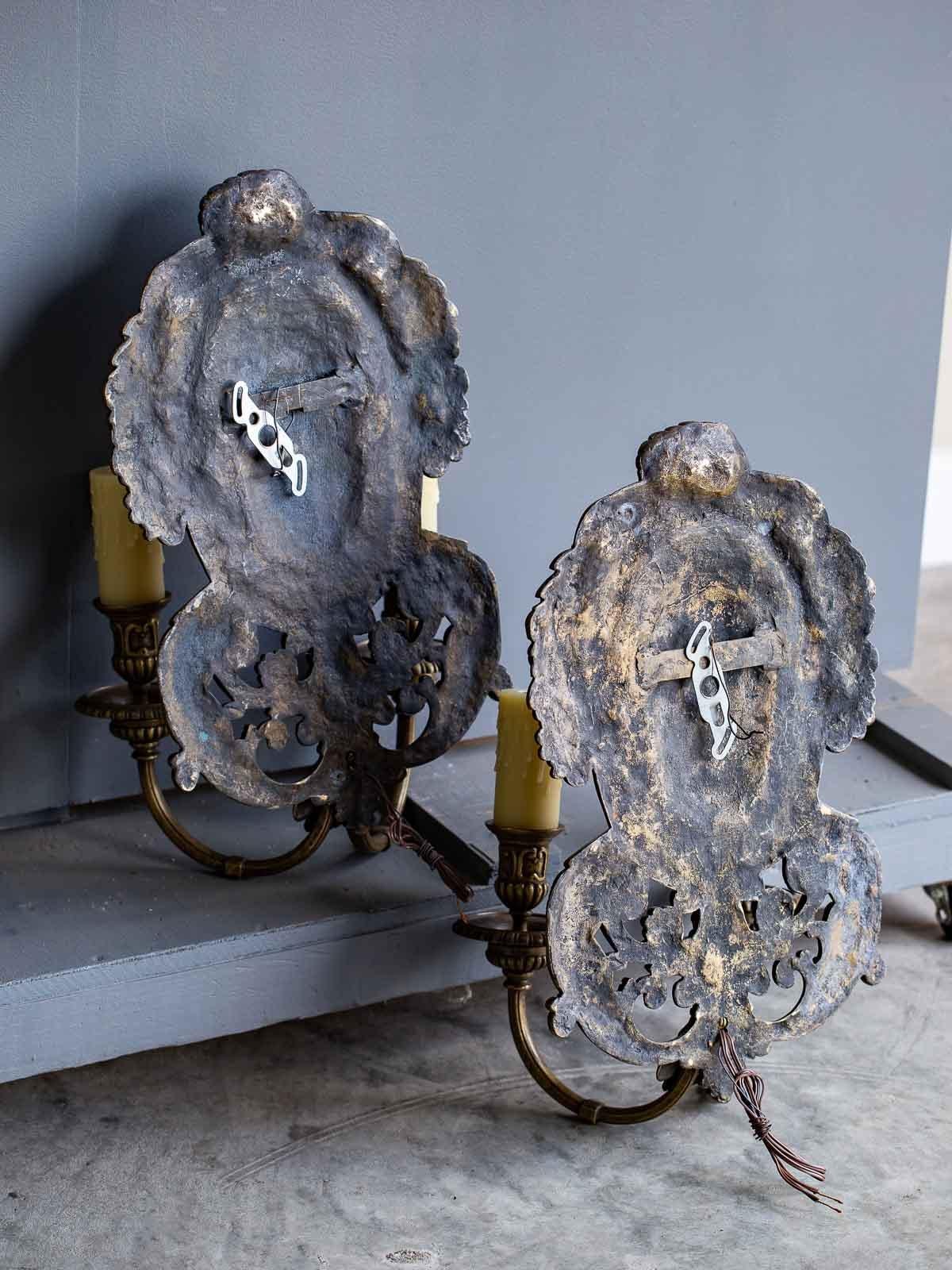 Pair of Vintage French Bronze Renaissance Louis XIV Style Shield Back Sconces For Sale 12