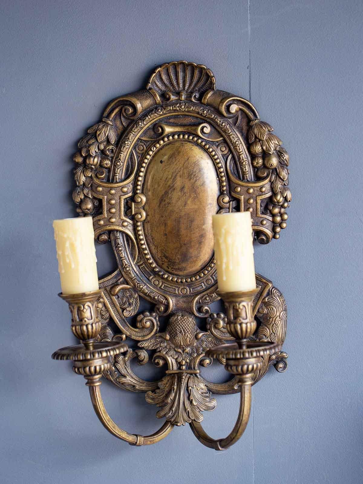 Early 20th Century Pair of Vintage French Bronze Renaissance Louis XIV Style Shield Back Sconces For Sale