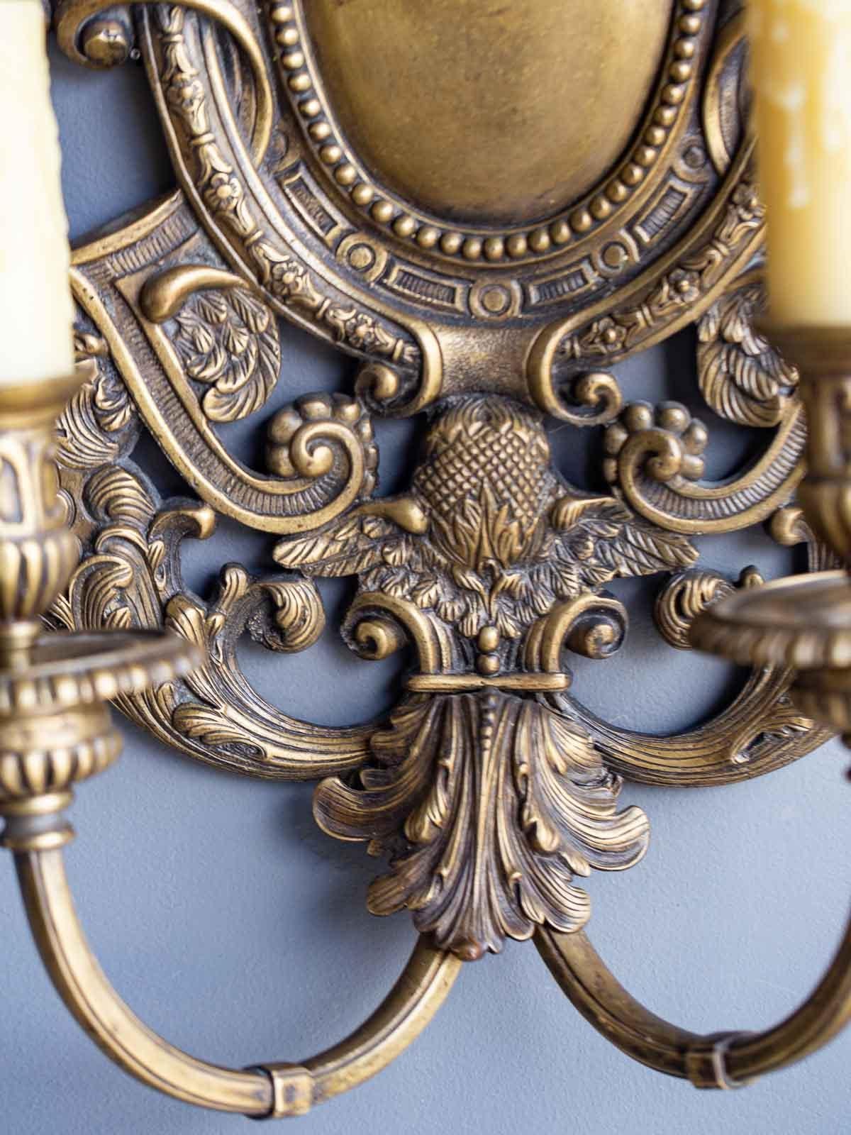 Pair of Vintage French Bronze Renaissance Louis XIV Style Shield Back Sconces For Sale 3