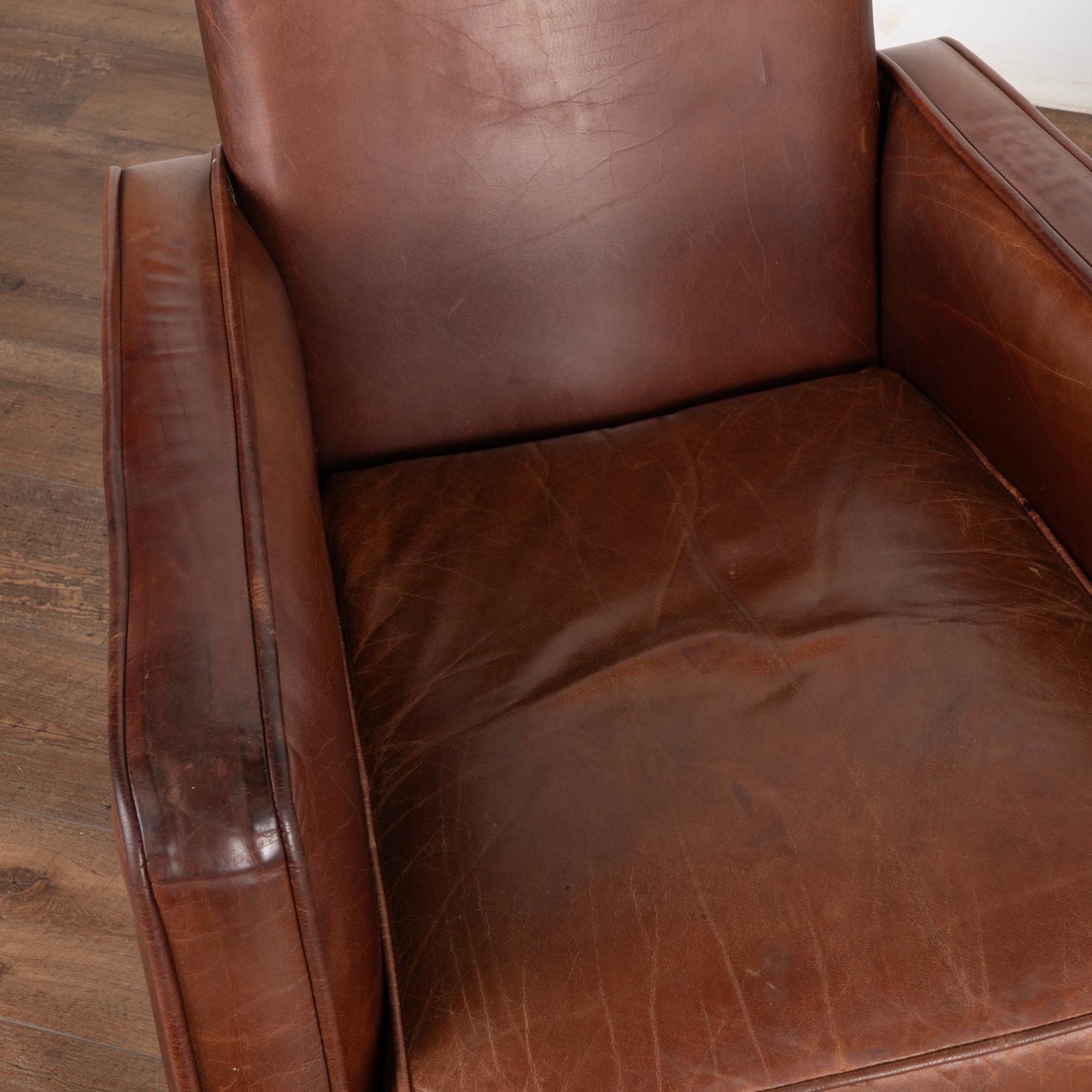 Pair, Vintage French Brown Leather Arm Chairs, circa 1960 5
