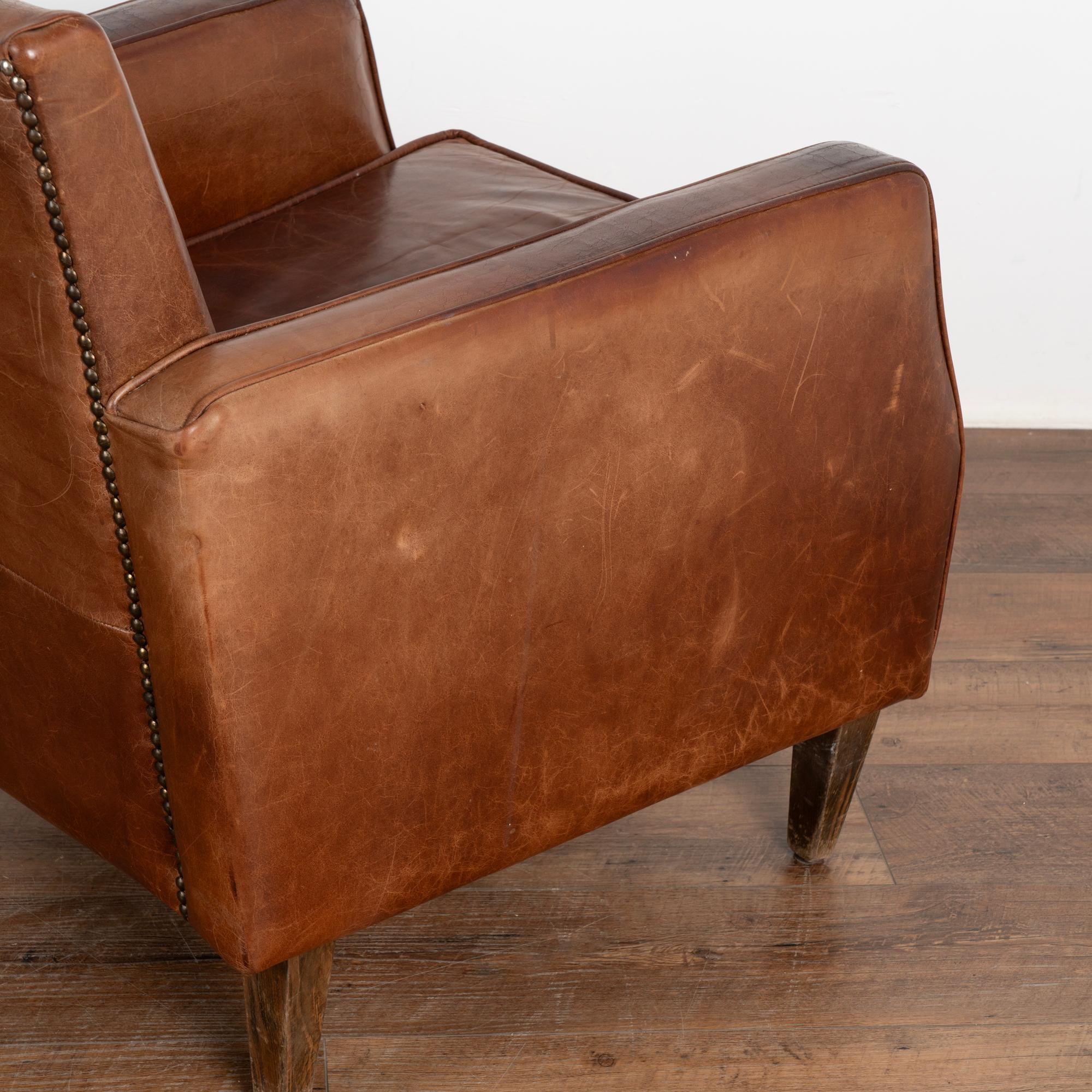 Pair, Vintage French Brown Leather Arm Chairs, circa 1960 6