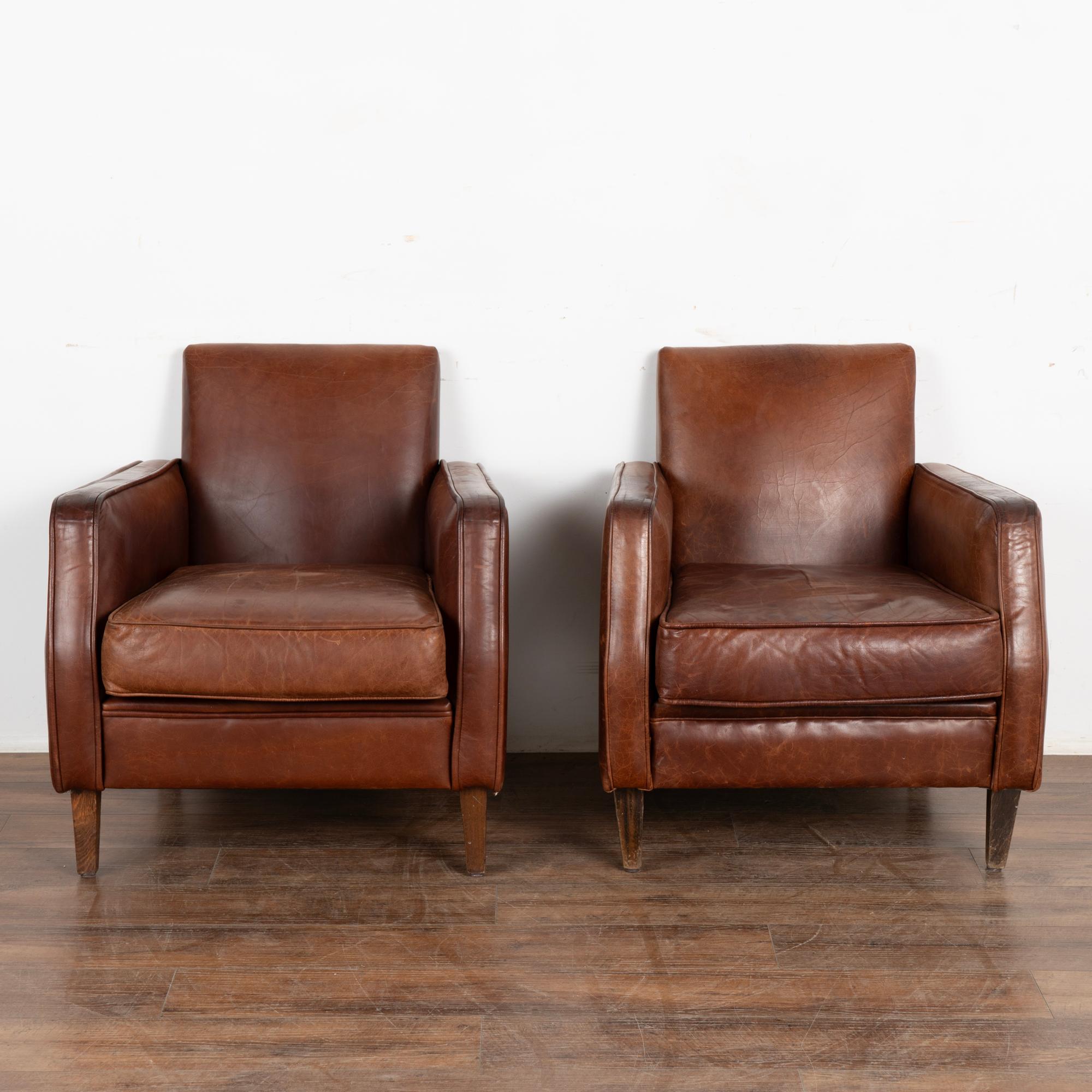 Art Deco Pair, Vintage French Brown Leather Arm Chairs, circa 1960