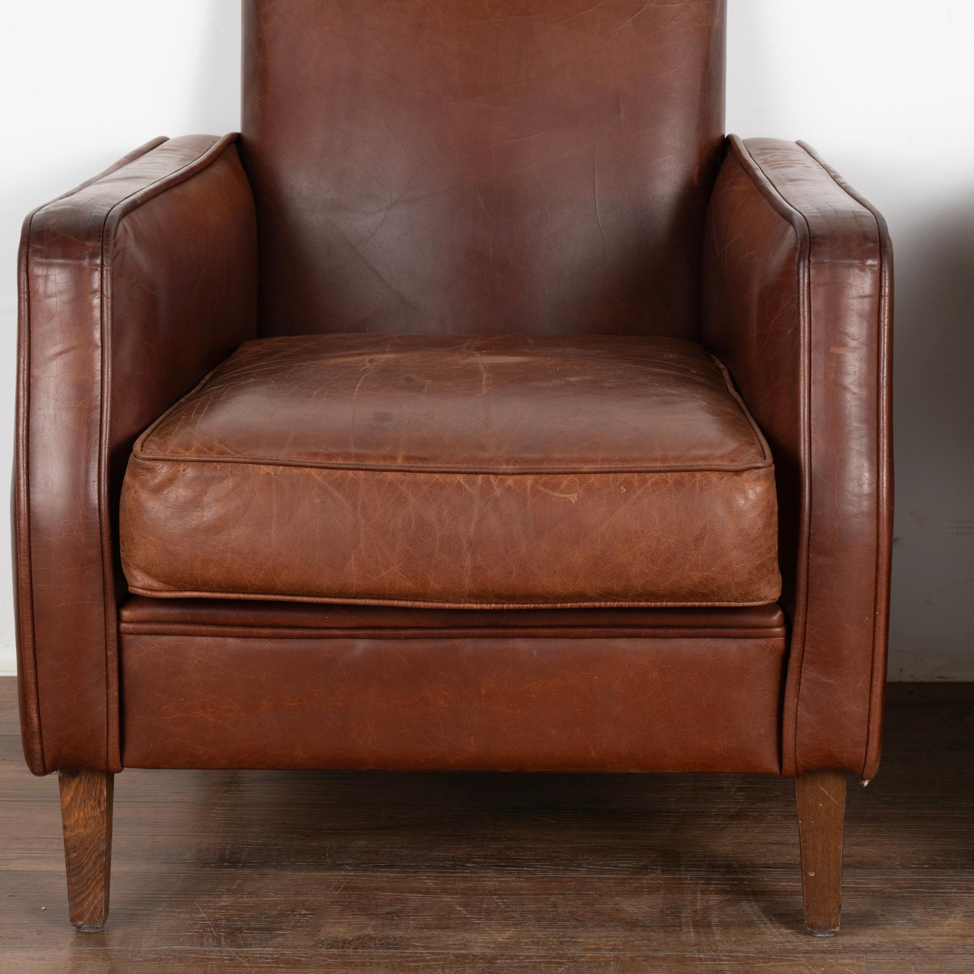 Pair, Vintage French Brown Leather Arm Chairs, circa 1960 In Good Condition In Round Top, TX