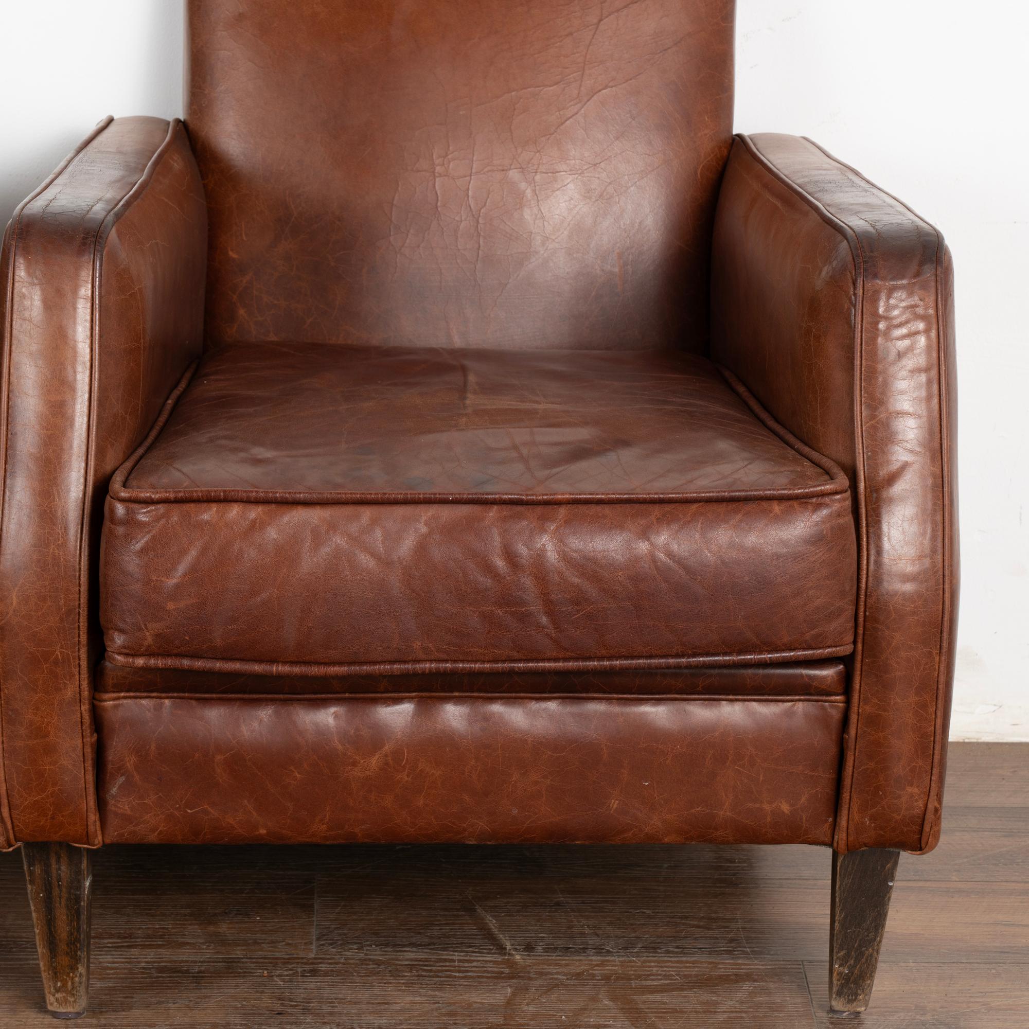 20th Century Pair, Vintage French Brown Leather Arm Chairs, circa 1960