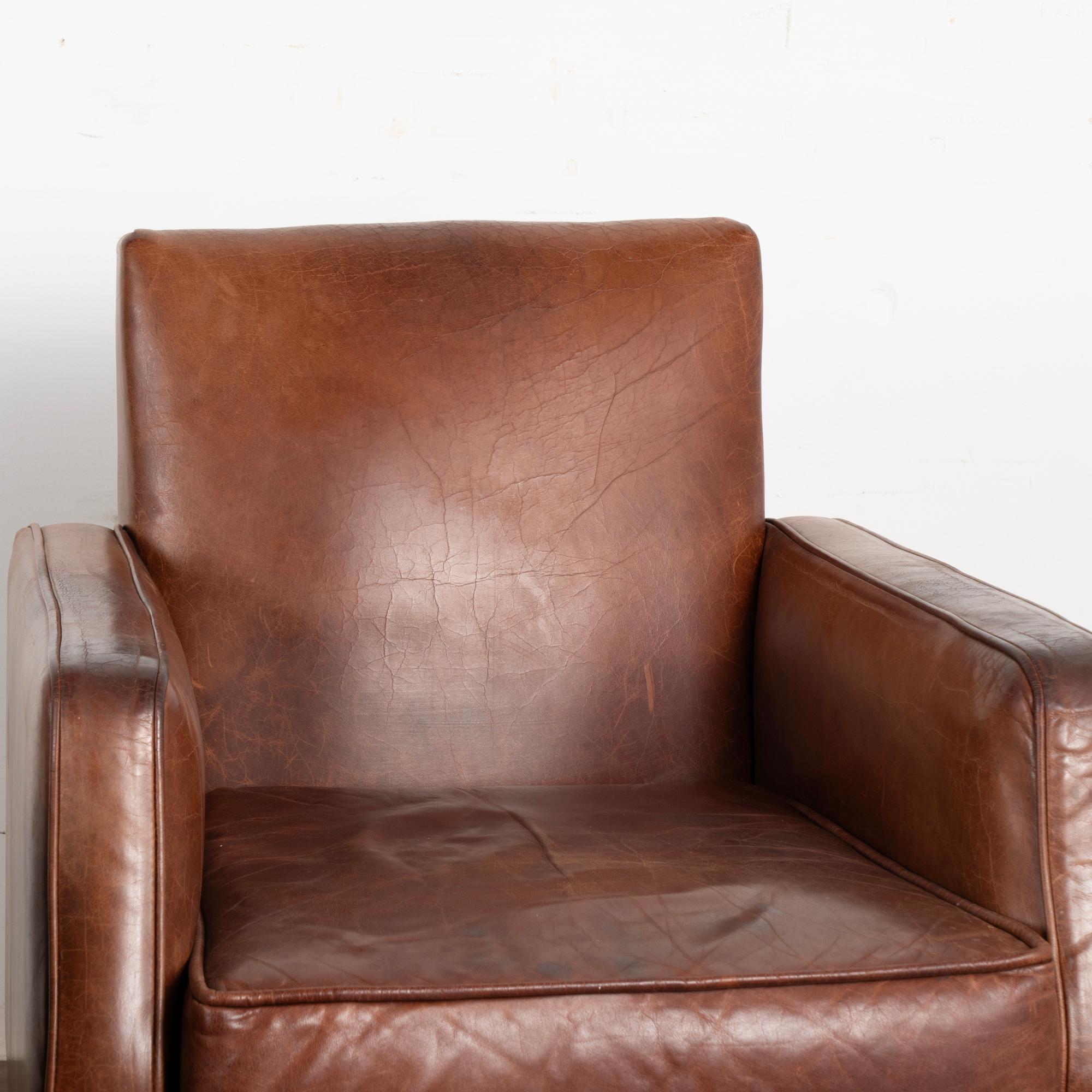Pair, Vintage French Brown Leather Arm Chairs, circa 1960 2