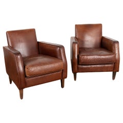 Pair, Vintage French Brown Leather Arm Chairs, circa 1960