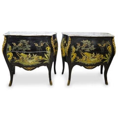 Pair Vintage French Chinoiserie Marble Top Chests / Dressers / Commodes
