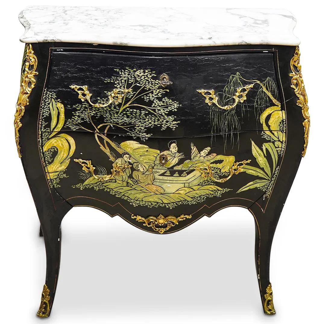 Cineserie Coppia di cassettoni / comò / commodes francesi d'epoca con piano in marmo in vendita