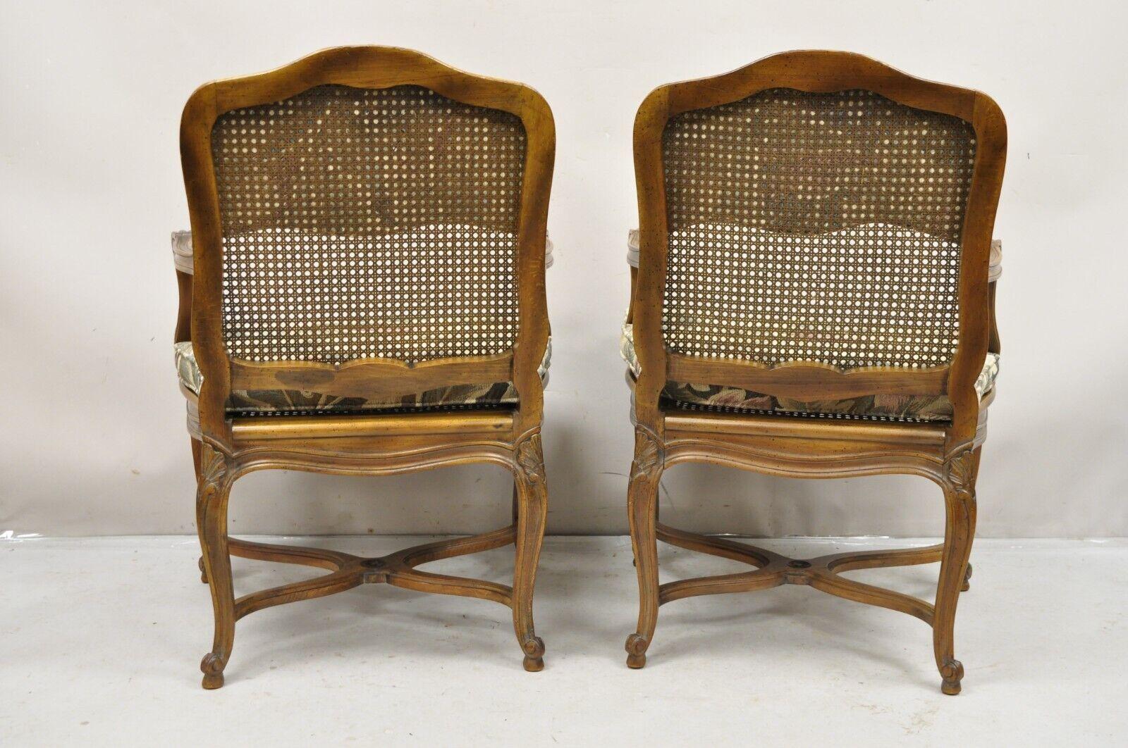 Pair Vintage French Country Louis XV Style Upholstery and Cane Lounge Arm Chairs For Sale 6