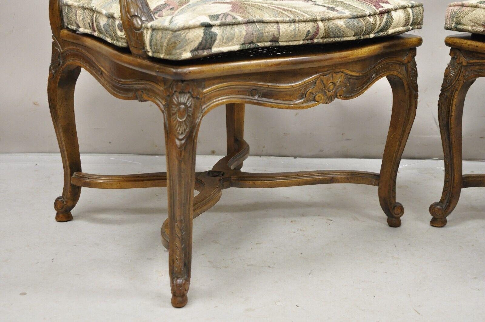 20th Century Pair Vintage French Country Louis XV Style Upholstery and Cane Lounge Arm Chairs For Sale
