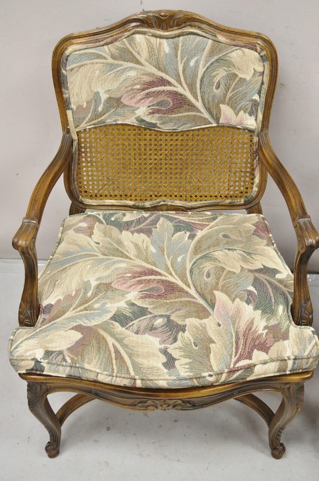 Pair Vintage French Country Louis XV Style Upholstery and Cane Lounge Arm Chairs For Sale 1