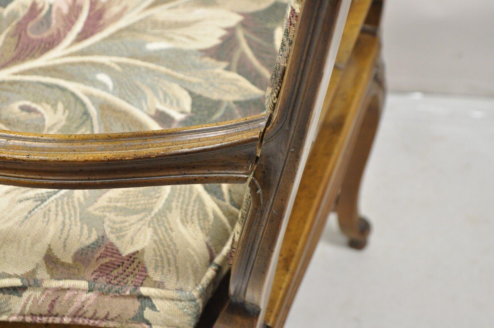 Pair Vintage French Country Louis XV Style Upholstery and Cane Lounge Arm Chairs For Sale 3