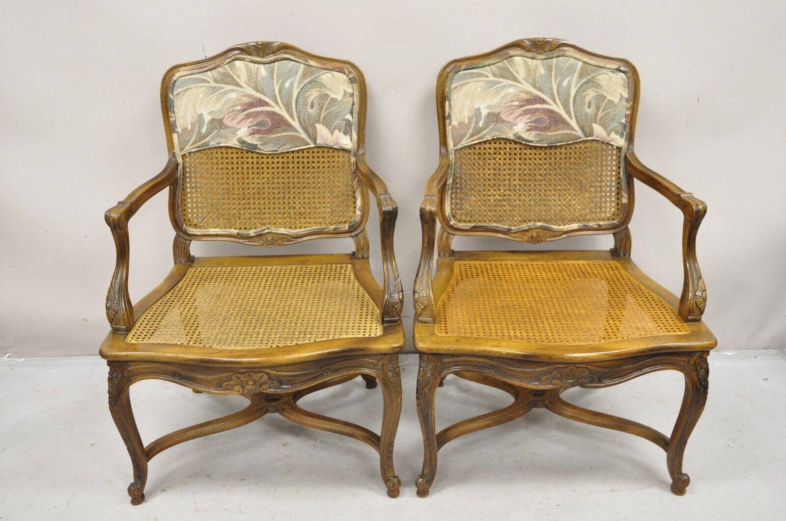 Pair Vintage French Country Louis XV Style Upholstery and Cane Lounge Arm Chairs For Sale 4