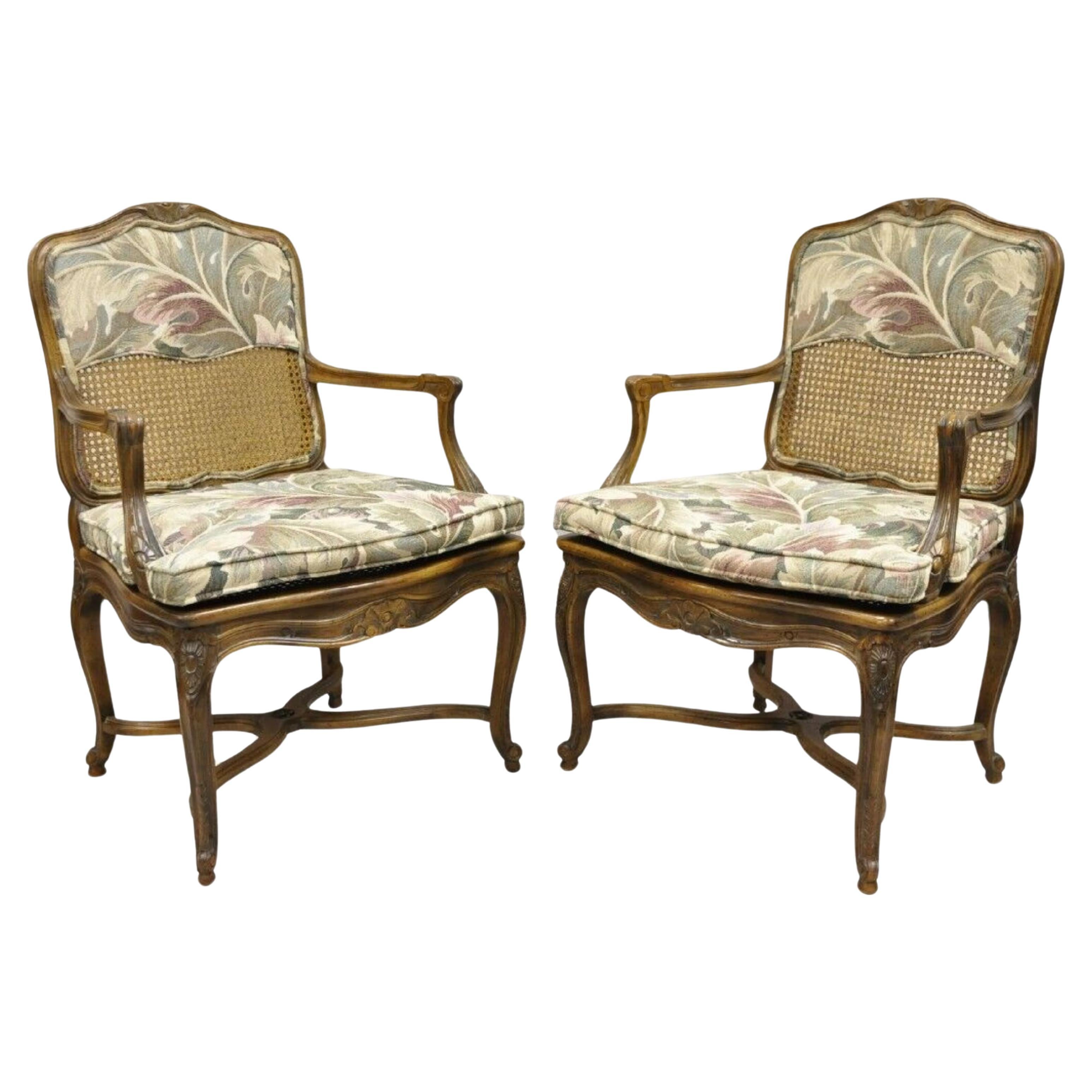 Pair Vintage French Country Louis XV Style Upholstery and Cane Lounge Arm Chairs For Sale