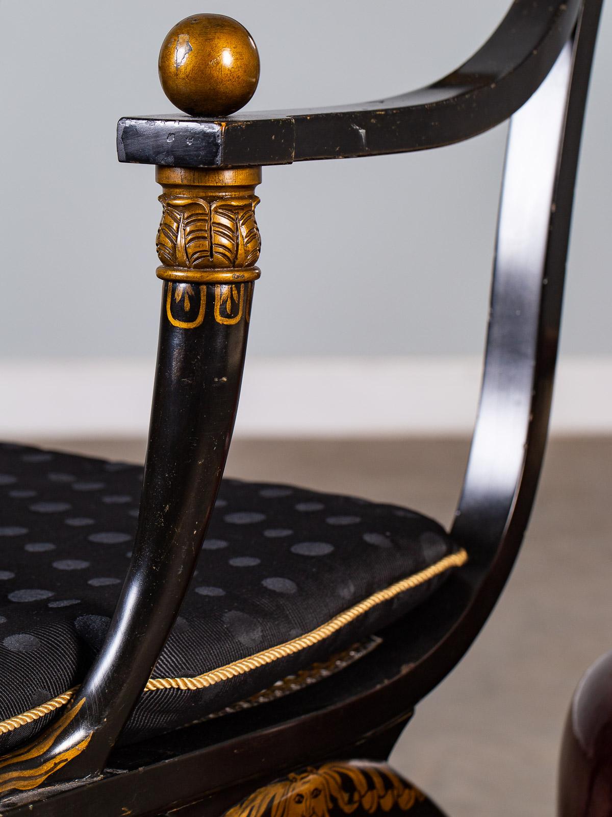Pair of Vintage French Empire Chapuis Ebonized Gilt Chairs, circa 1950 For Sale 4