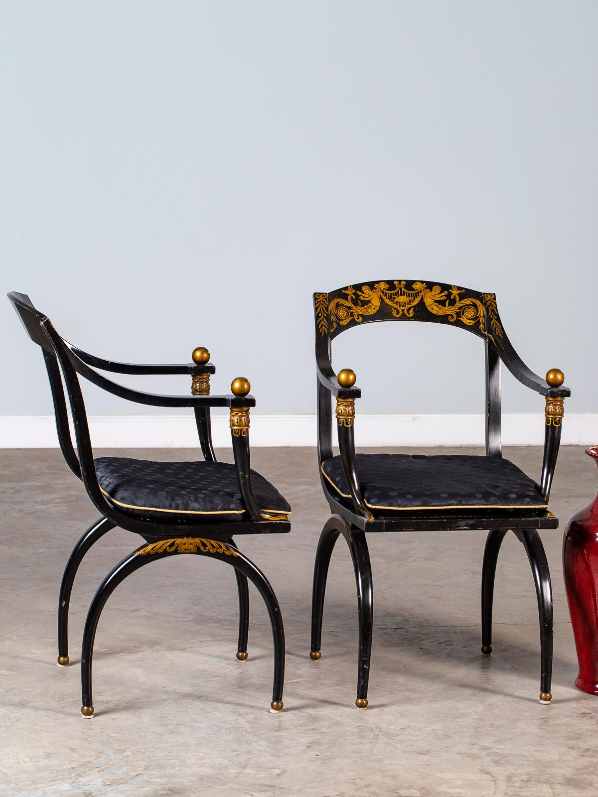 Pair of Vintage French Empire Chapuis Ebonized Gilt Chairs, circa 1950 im Angebot 6