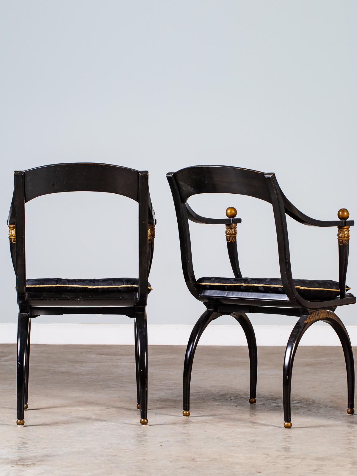 Pair of Vintage French Empire Chapuis Ebonized Gilt Chairs, circa 1950 For Sale 8