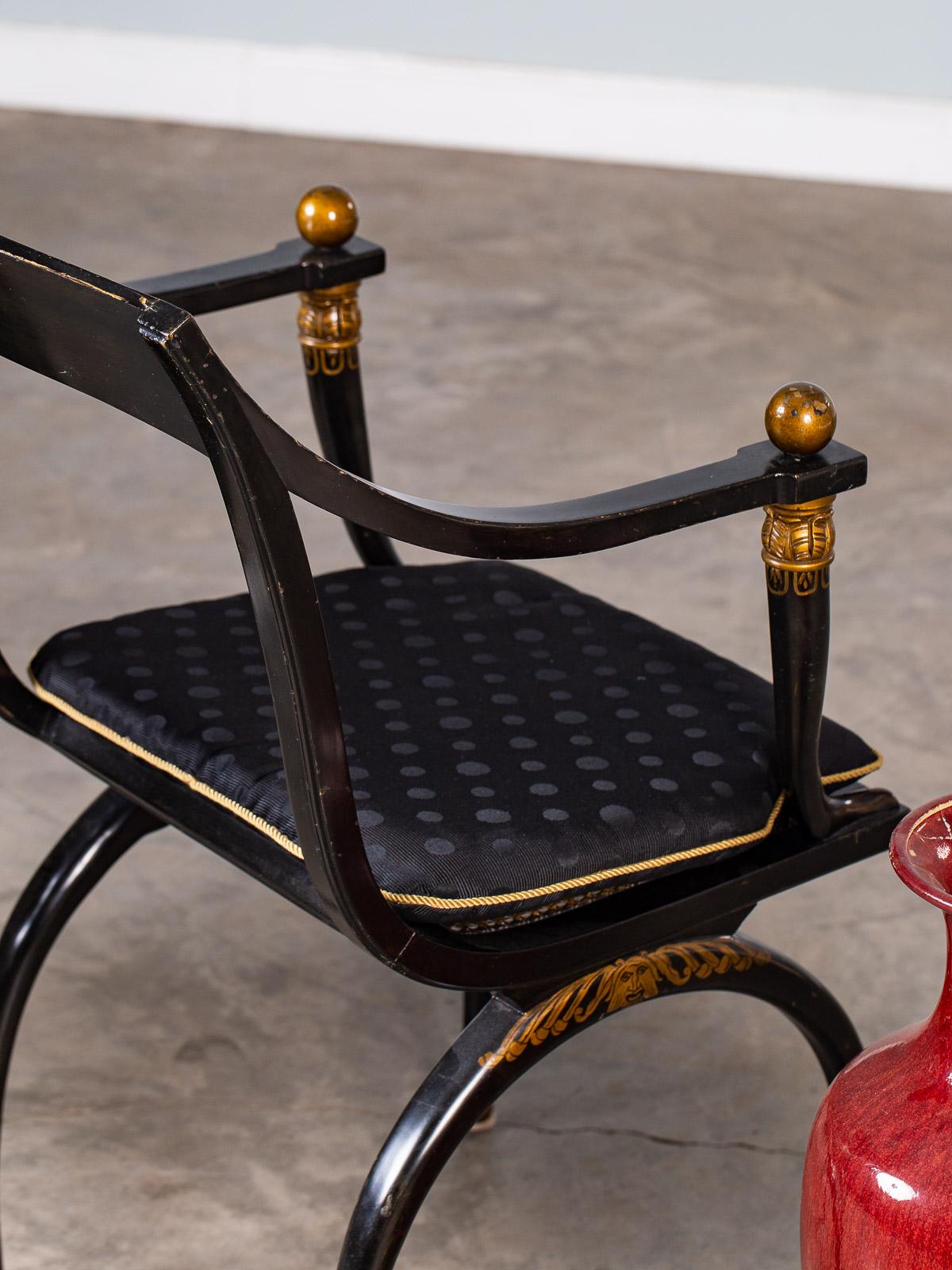 Pair of Vintage French Empire Chapuis Ebonized Gilt Chairs, circa 1950 For Sale 9