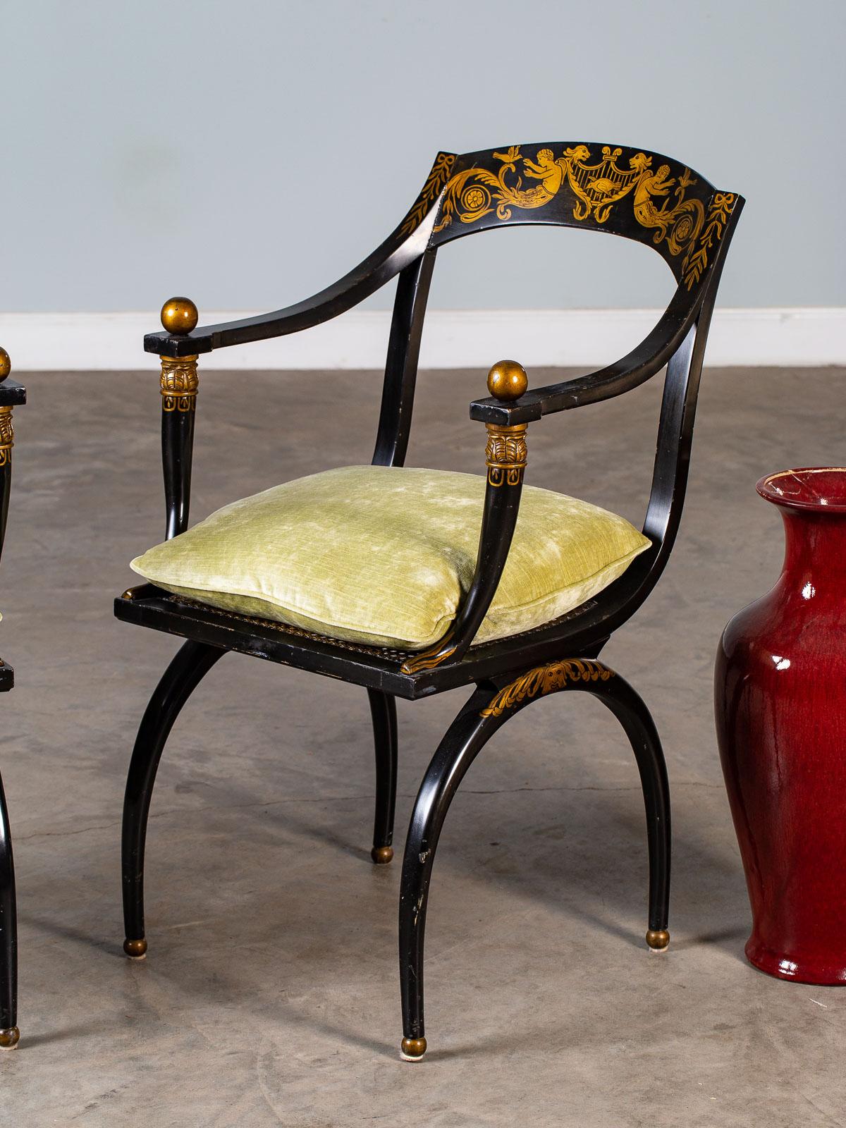 Pair of Vintage French Empire Chapuis Ebonized Gilt Chairs, circa 1950 im Angebot 11