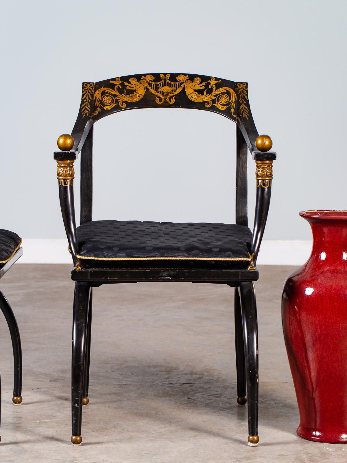 Pair of Vintage French Empire Chapuis Ebonized Gilt Chairs, circa 1950 In Good Condition For Sale In Houston, TX