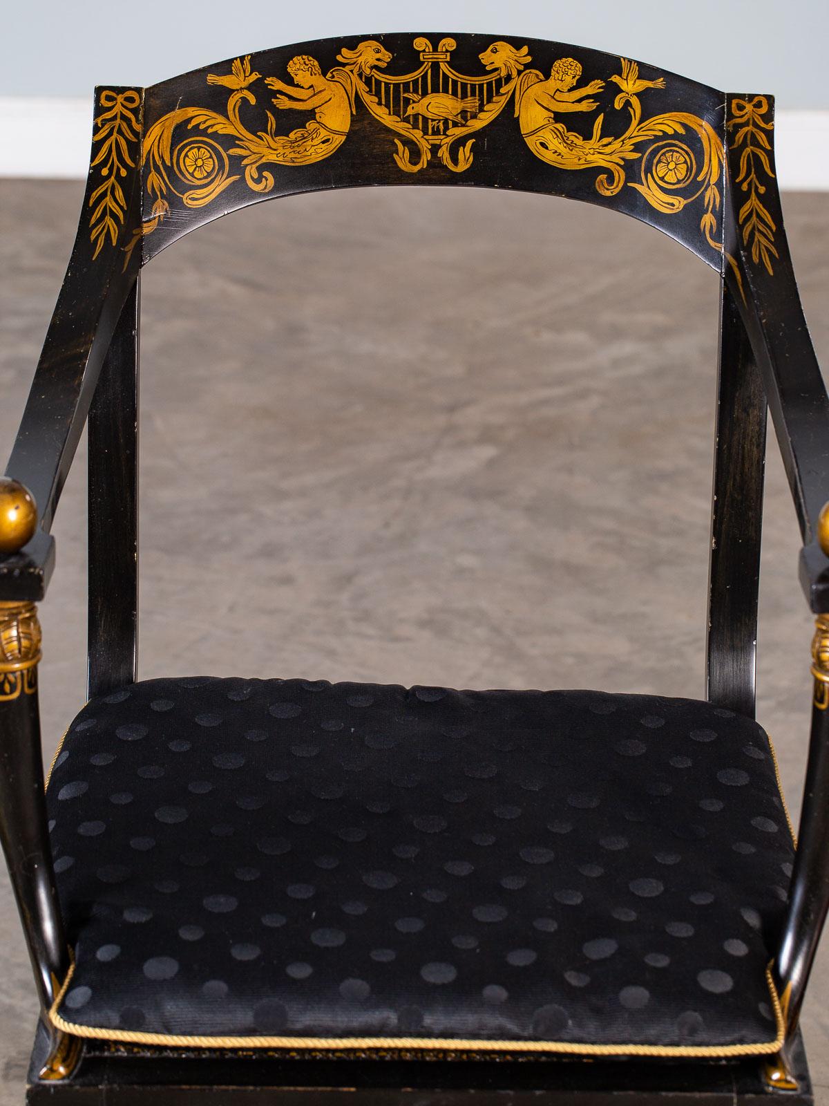 Pair of Vintage French Empire Chapuis Ebonized Gilt Chairs, circa 1950 (Mitte des 20. Jahrhunderts) im Angebot