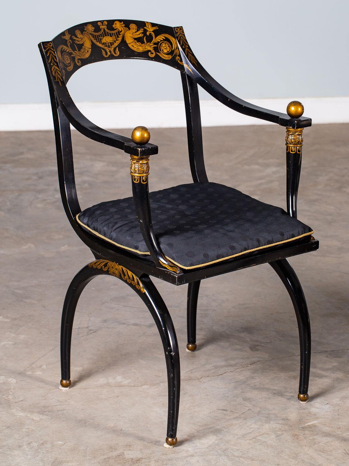 Pair of Vintage French Empire Chapuis Ebonized Gilt Chairs, circa 1950 For Sale 1