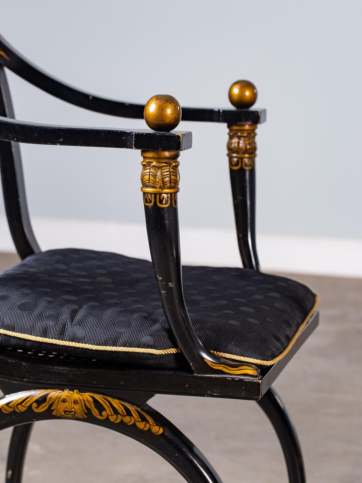 Pair of Vintage French Empire Chapuis Ebonized Gilt Chairs, circa 1950 im Angebot 1