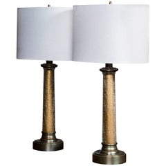 Pair Vintage French Gold Crackle Glass Column Lamps circa 1940