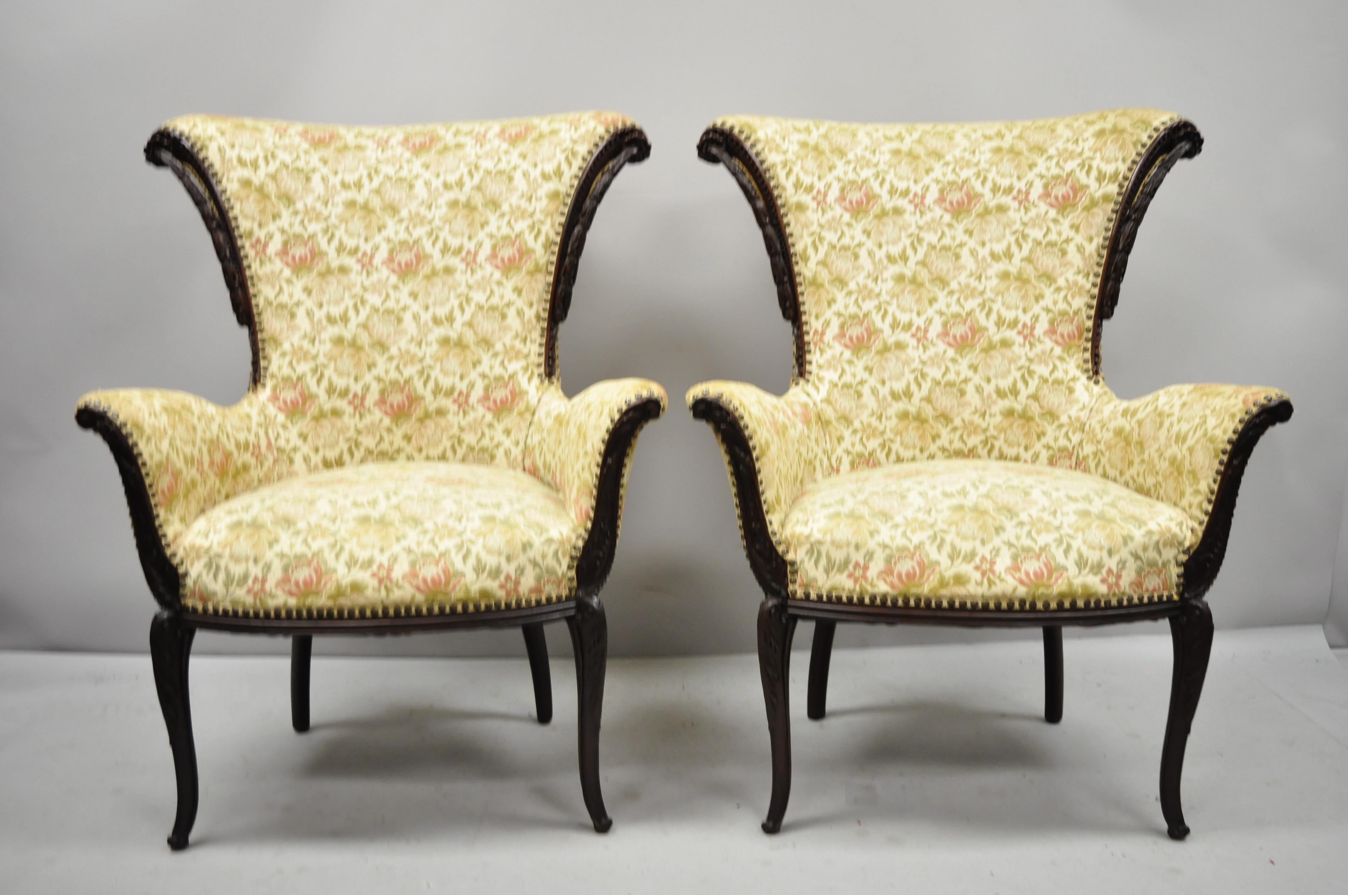 Pair of French Hollywood Regency Carved Mahogany Fireside Lounge Armchairs 6