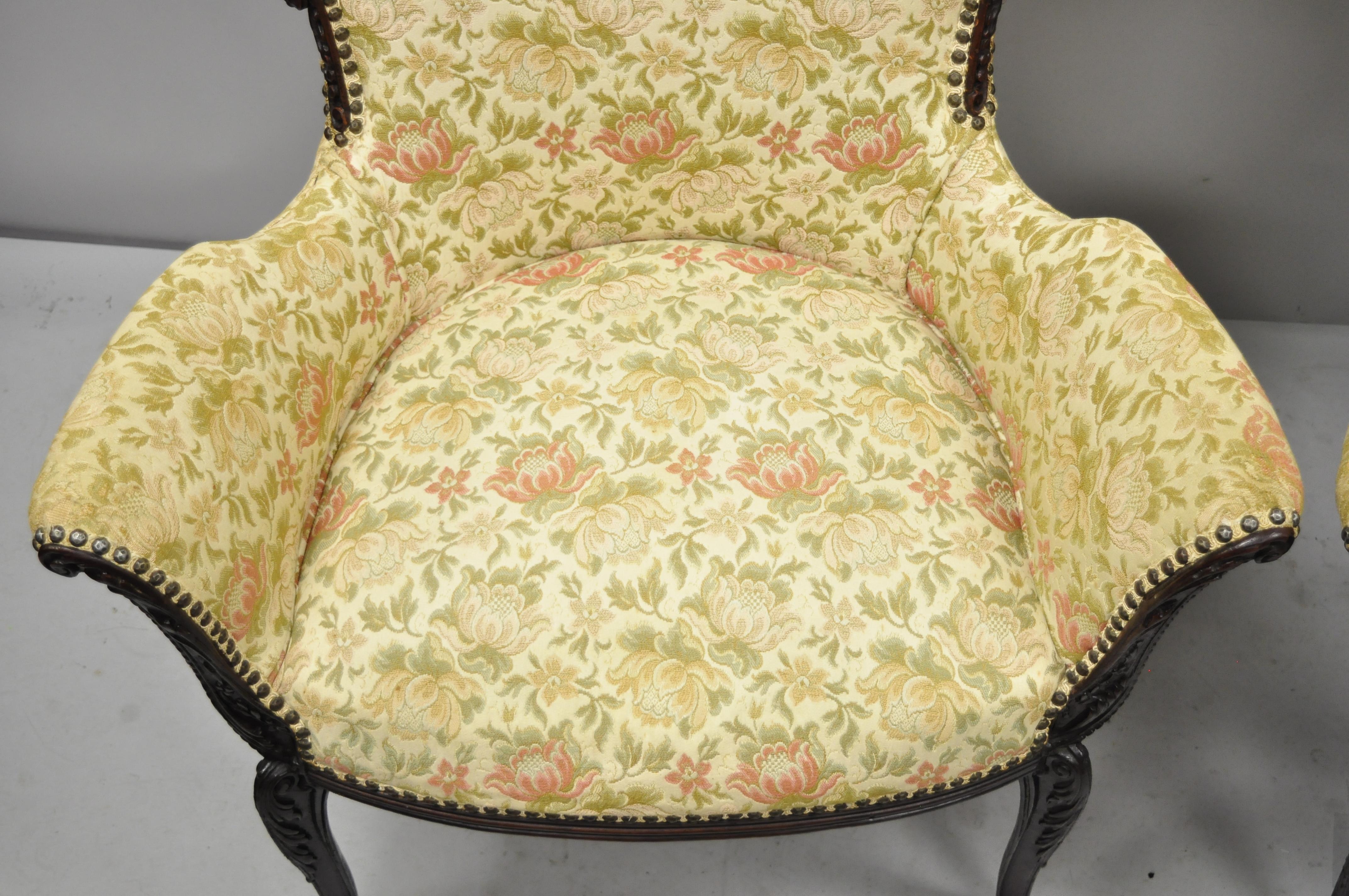 Fabric Pair of French Hollywood Regency Carved Mahogany Fireside Lounge Armchairs