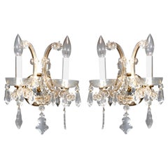 Pair of Vintage French Louis XIV Style Crystal and Gilt Metal Wall Sconces