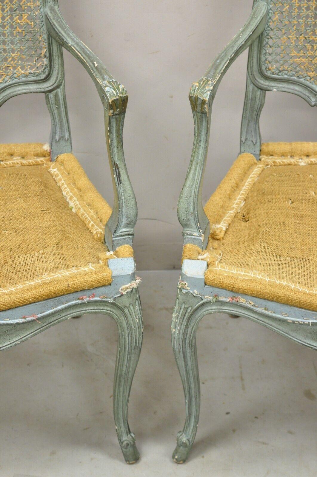 Pair Vintage French Louis XV Style Blue Painted Cane Back Fauteuil Arm Chairs For Sale 6