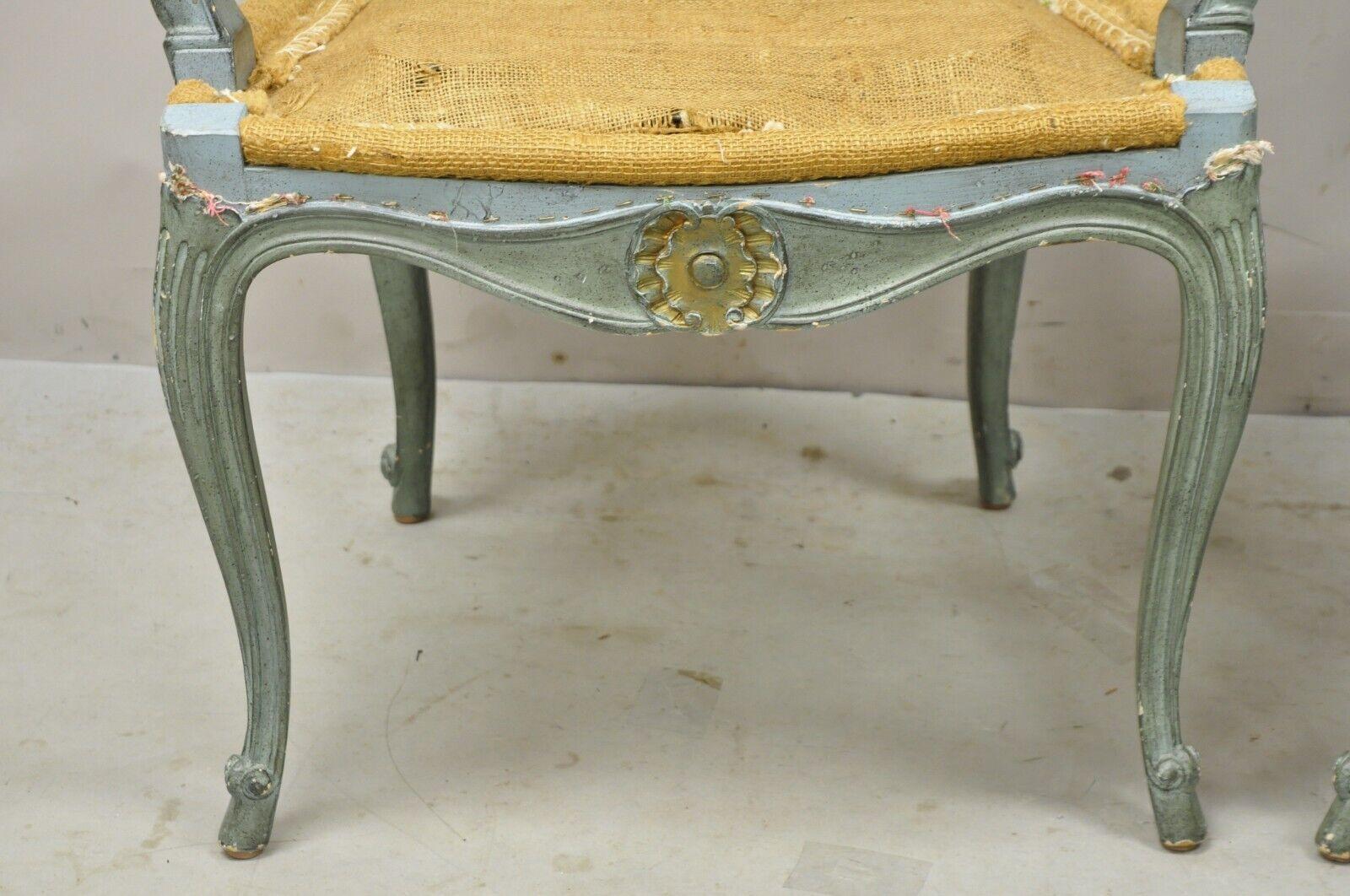 Pair Vintage French Louis XV Style Blue Painted Cane Back Fauteuil Arm Chairs For Sale 7