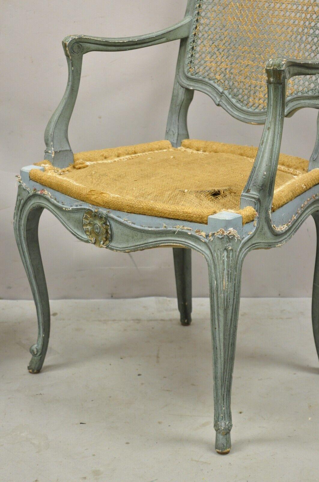 Pair Vintage French Louis XV Style Blue Painted Cane Back Fauteuil Arm Chairs In Good Condition For Sale In Philadelphia, PA