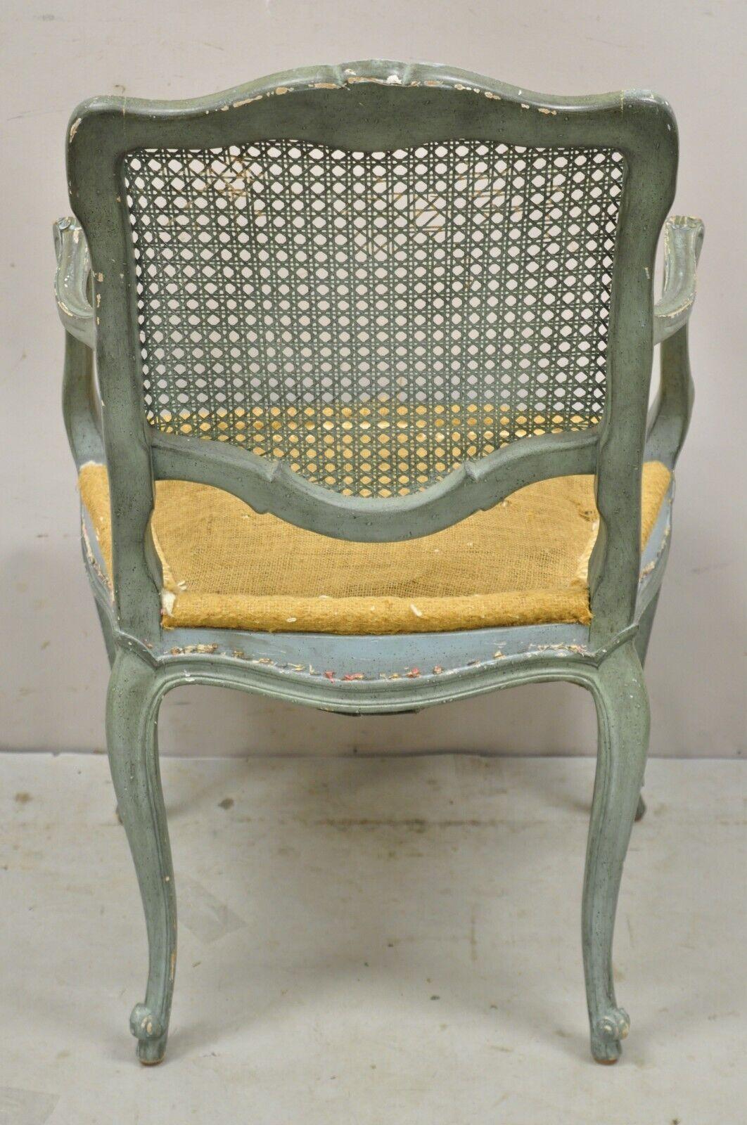 Pair Vintage French Louis XV Style Blue Painted Cane Back Fauteuil Arm Chairs For Sale 2