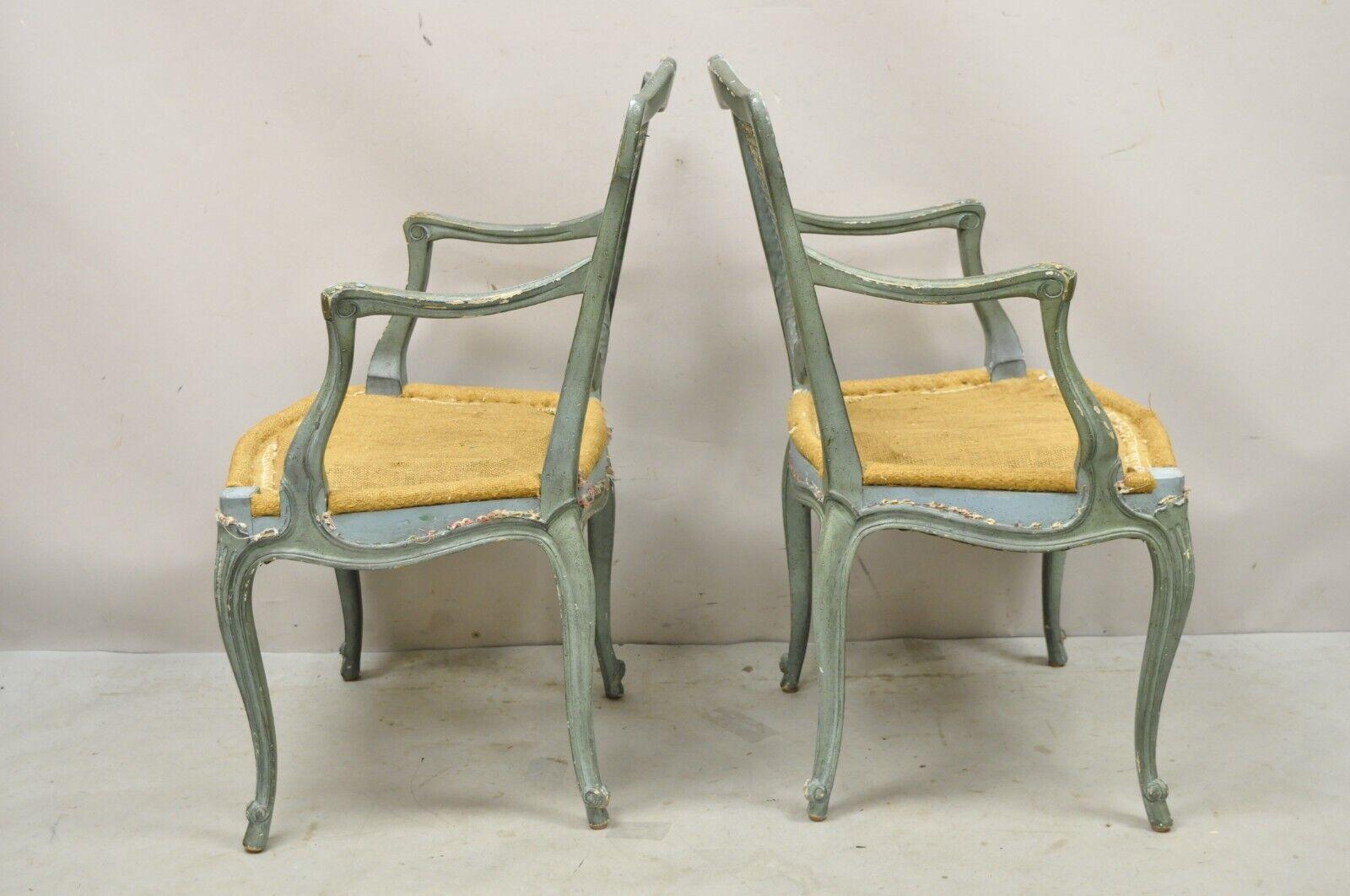 Pair Vintage French Louis XV Style Blue Painted Cane Back Fauteuil Arm Chairs For Sale 4
