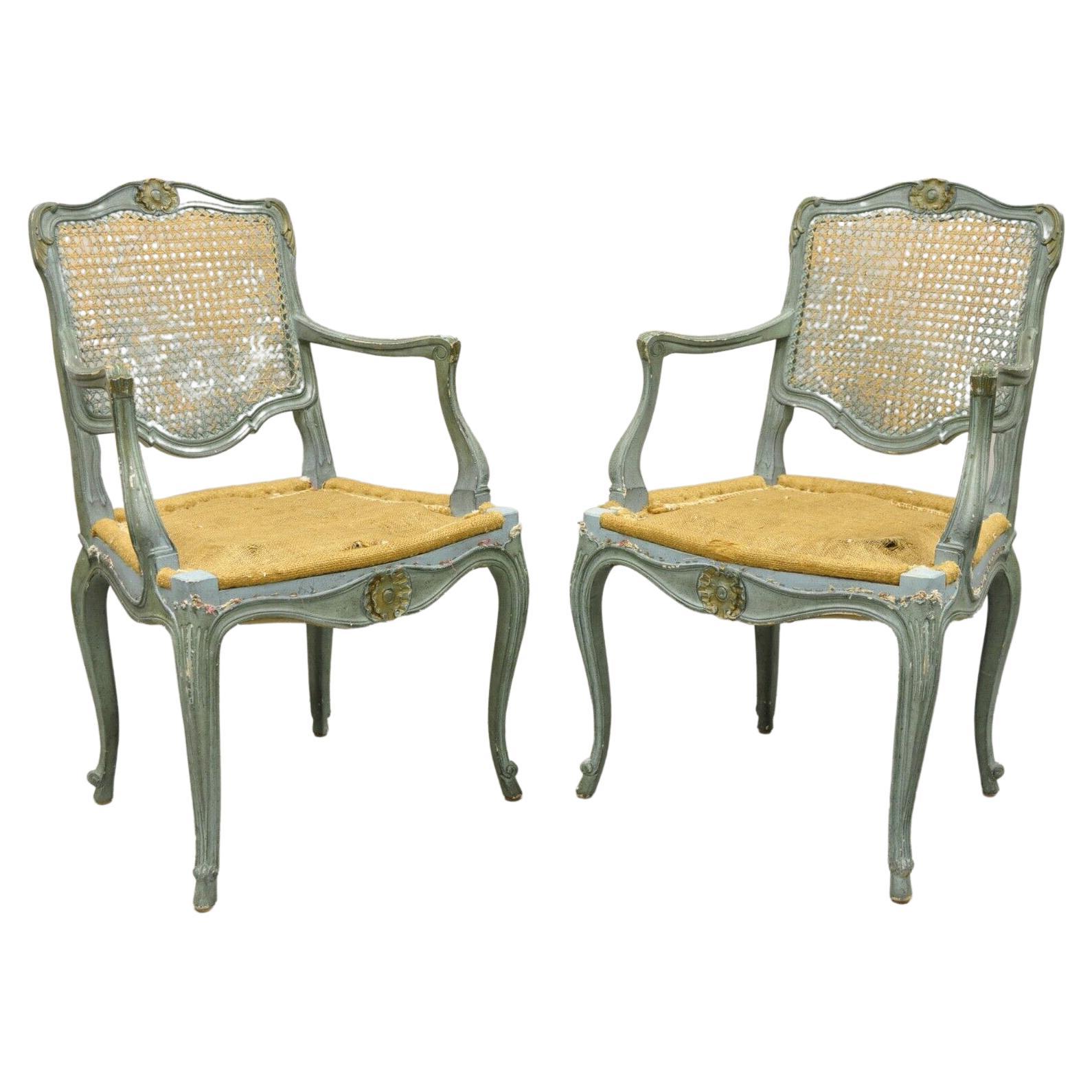 Pair Vintage French Louis XV Style Blue Painted Cane Back Fauteuil Arm Chairs For Sale