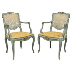 Pair Antique French Louis XV Style Blue Painted Cane Back Fauteuil Arm Chairs