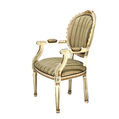 Pair Vintage French Louis XVI Style Polychromed & Upholstered Arm Chairs C194