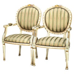 Pair Vintage French Louis XVI Style Polychromed & Upholstered Arm Chairs C1940