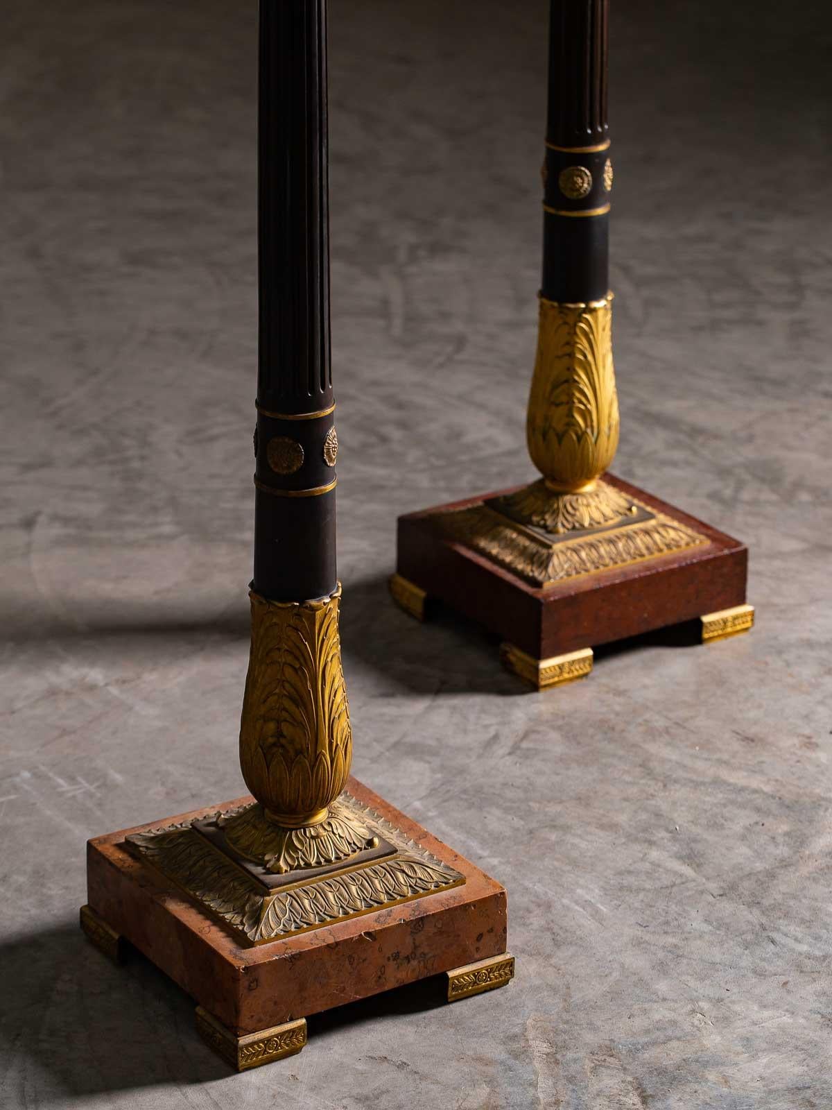 2 Vintage French Neoclassical Bronze Gilt Bronze Column Floor Lamps, circa 1910 For Sale 8
