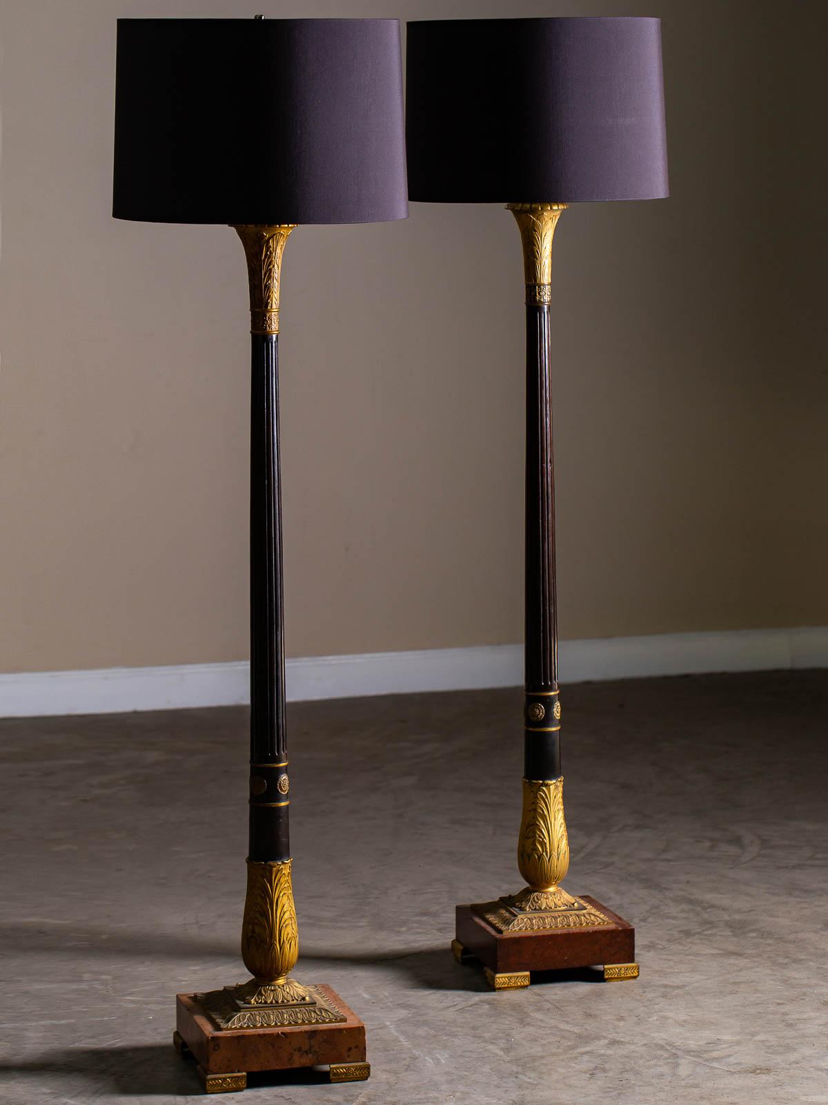 2 Vintage French Neoclassical Bronze Gilt Bronze Column Floor Lamps, circa 1910 For Sale 11