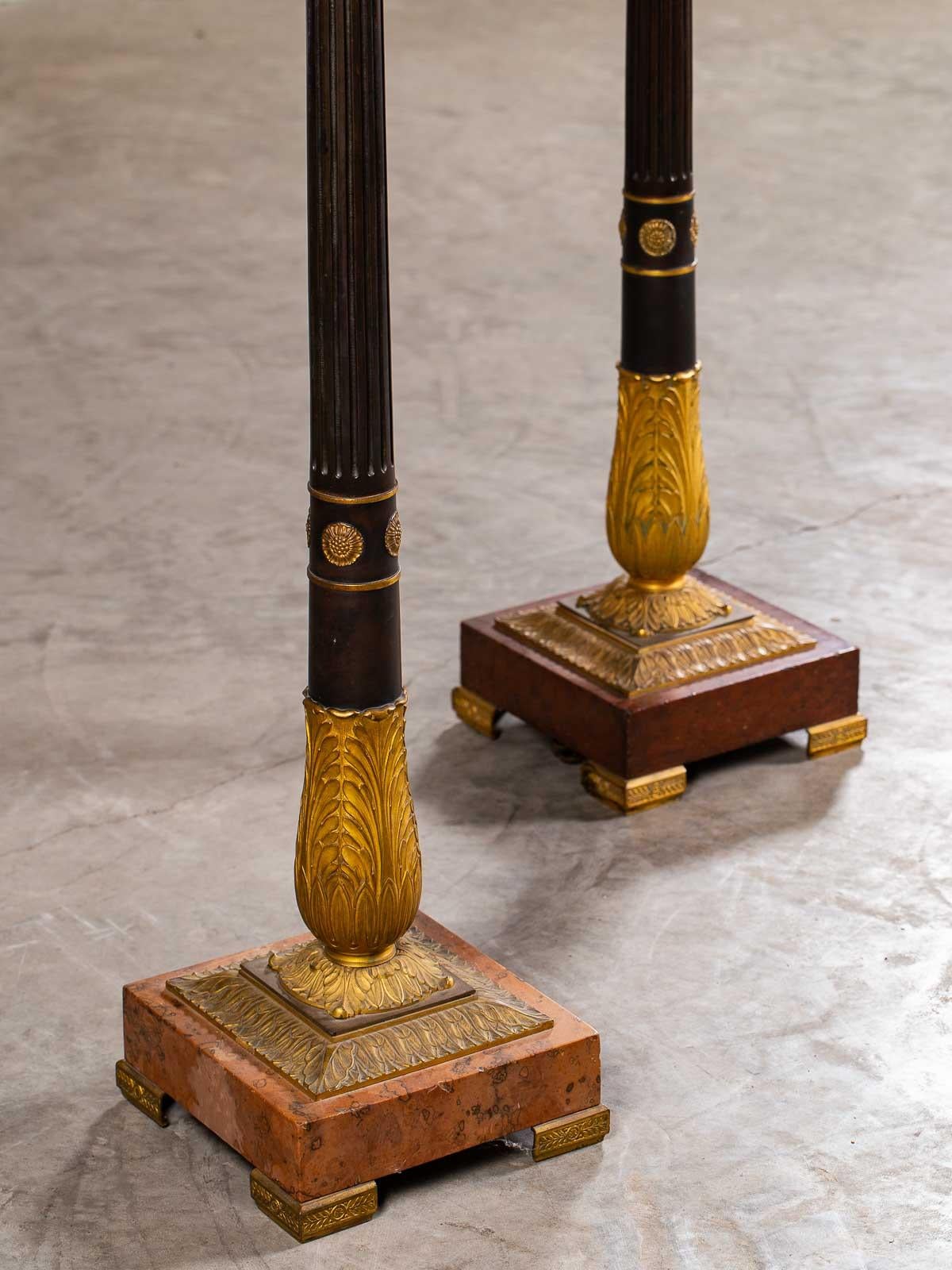 2 Vintage French Neoclassical Bronze Gilt Bronze Column Floor Lamps, circa 1910 For Sale 1