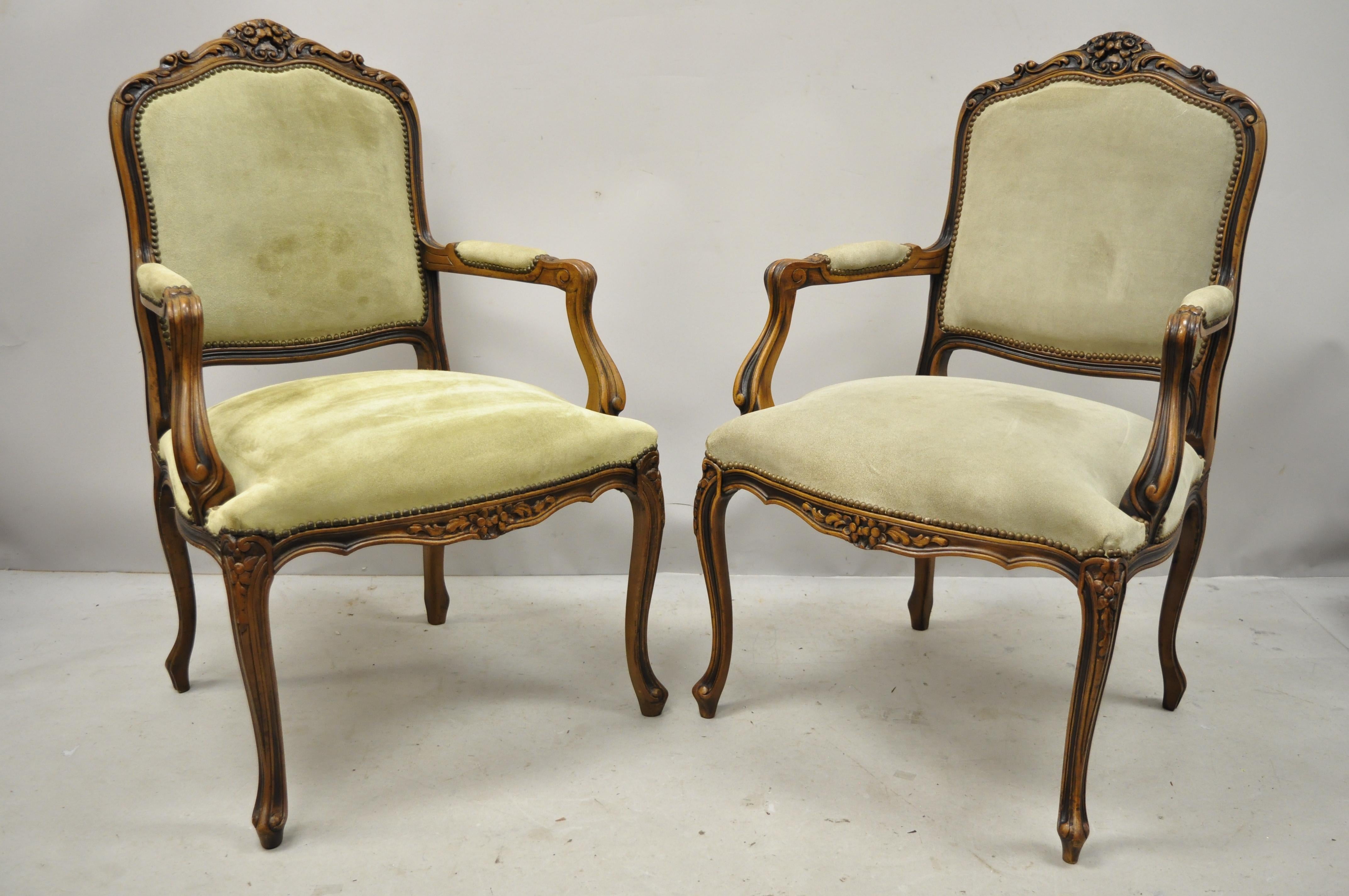Pair of vintage French Provincial Louis XV style Italian armchairs by Chateau D'ax Spa. Item features solid wood construction, suede leather upholstery, beautiful wood grain, nicely carved details, cabriole legs, quality Italian craftsmanship, circa