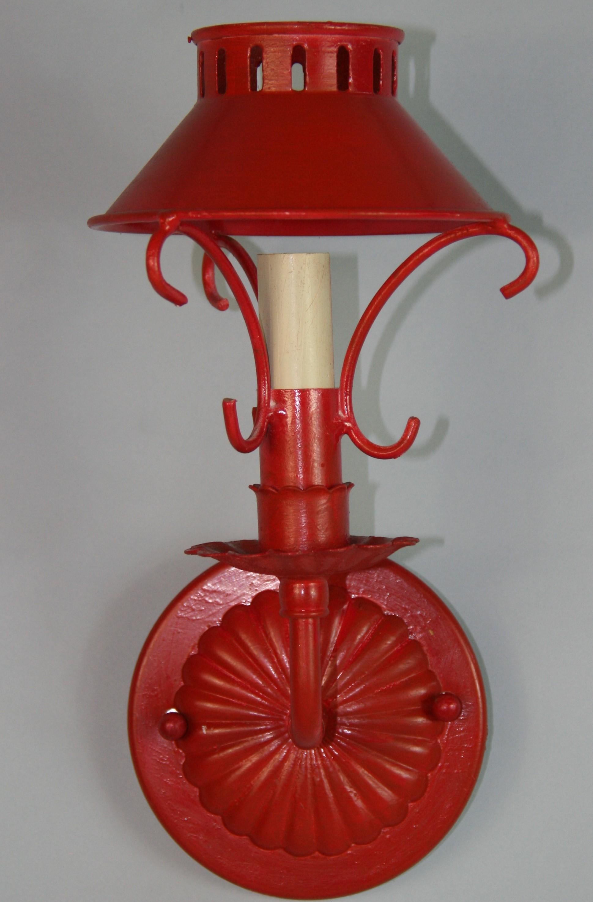 Hand-Crafted  Vintage French Red Sconces With Tole Shades (3 pair available) For Sale