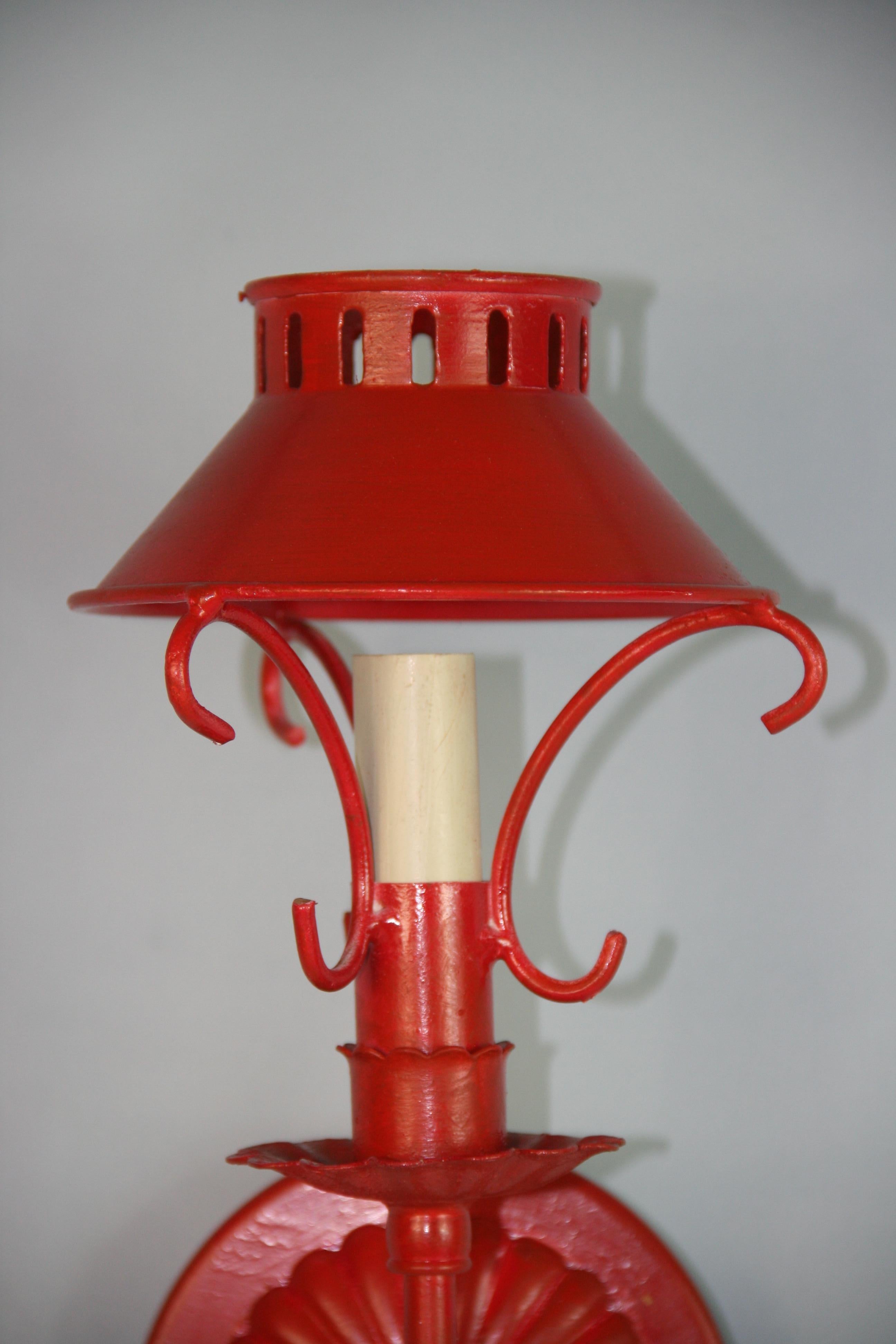  Vintage French Red Sconces With Tole Shades (3 pair available) In Good Condition For Sale In Douglas Manor, NY